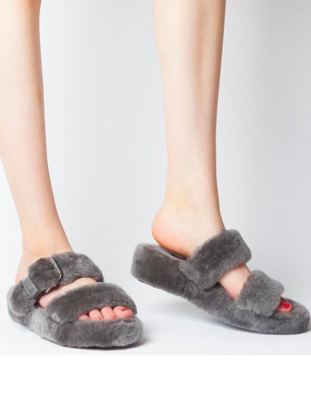 UGG yeah slipper Gray Double-Strap Shearling Slide Sandals